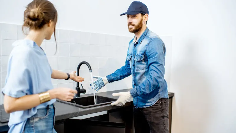 a plumber explaining something to a woman
