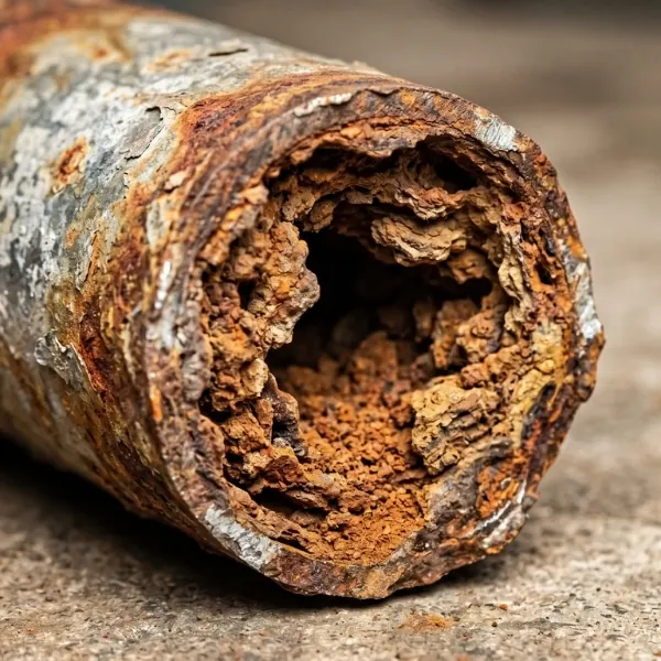 a rusty looking cross-section of an old galvanized water pipe
