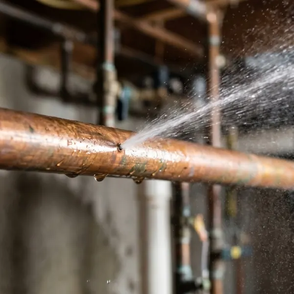 water spraying from a pinhole leak in a copper pipe