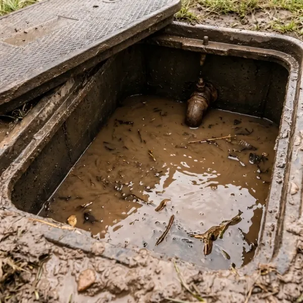 an underground water meter box filled with muddy water