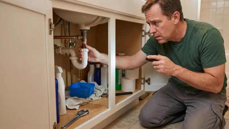 a worried homeowner examining a leaking pipe inside a vanity cabinet