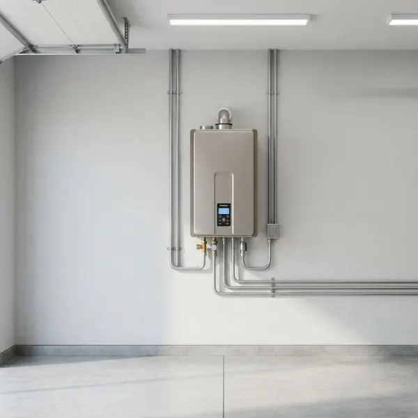 Neatly installed modern tankless water heater mounted on a clean wall.