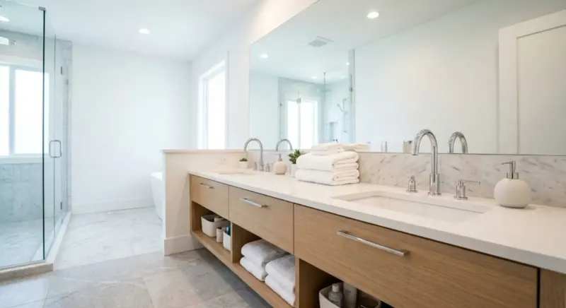Clean and bright modern double-vanity bathroom ready for the morning rush.