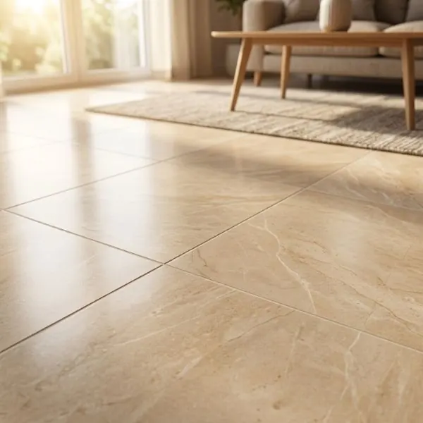Beautifully tiled indoor living room floor in natural sunlight representing a solid and secure home foundation.