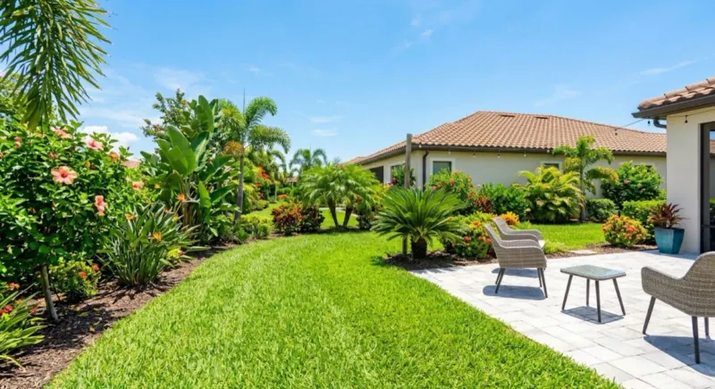 Lush green Florida residential backyard with a pristine patio and vibrant landscaping under a sunny summer sky.