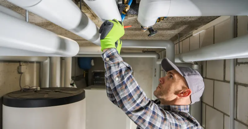plumber inspects large pipes for business