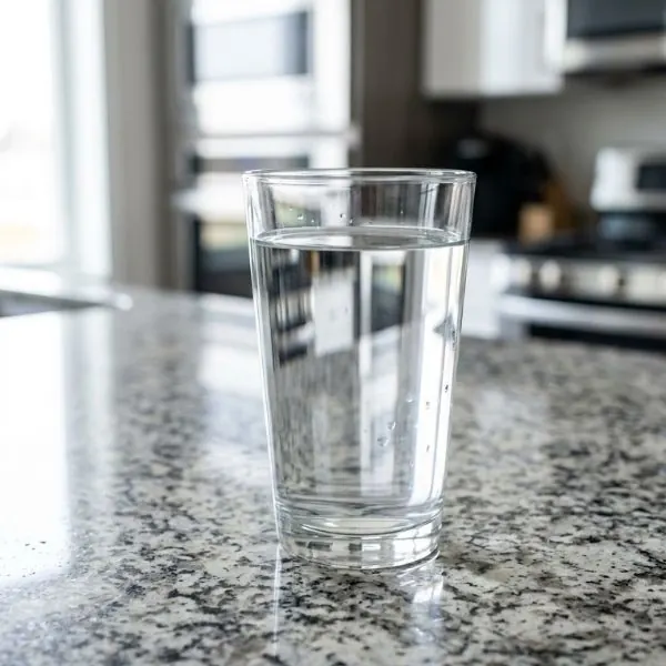 Crystal-clear glass of pure drinking water on a granite countertop