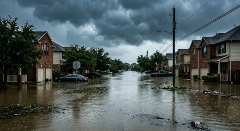 Flooded street during a severe storm highlighting infrastructure risks.