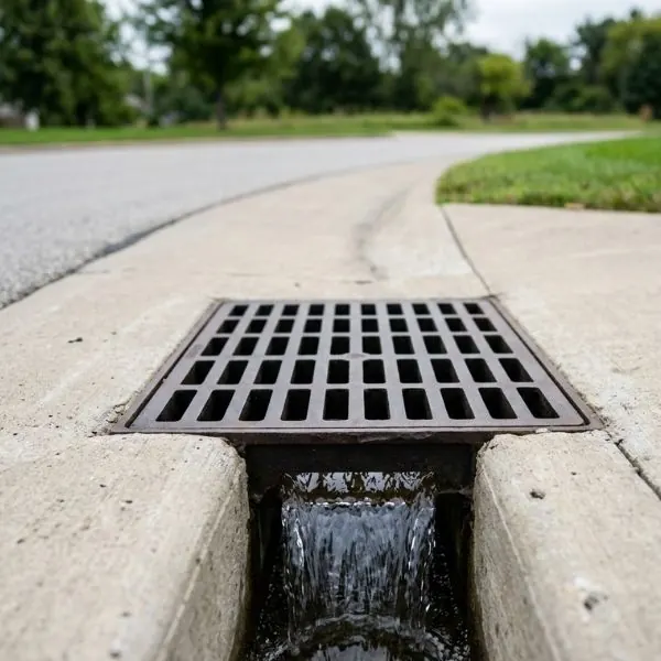 Clean and clear outdoor storm drain functioning properly.