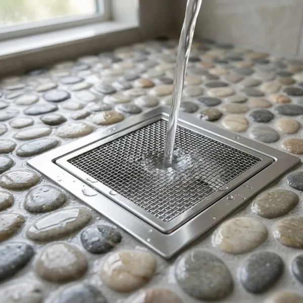 Stainless steel mesh drain cover on a pebble shower floor.