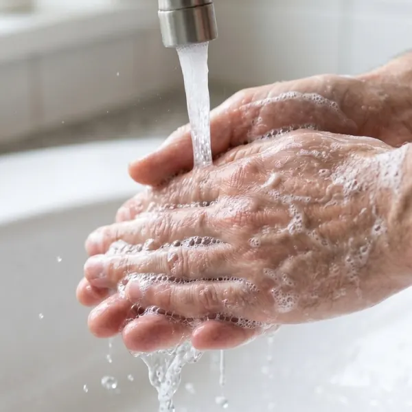 A close-up of soapy hands washing under tap water
