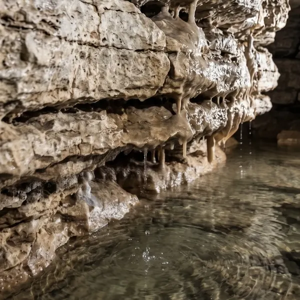 close-up image of limestone rock layers and underground water