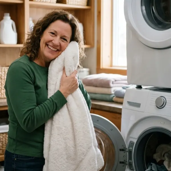 a woman holding a fluffy towel and smiling near a washing machine