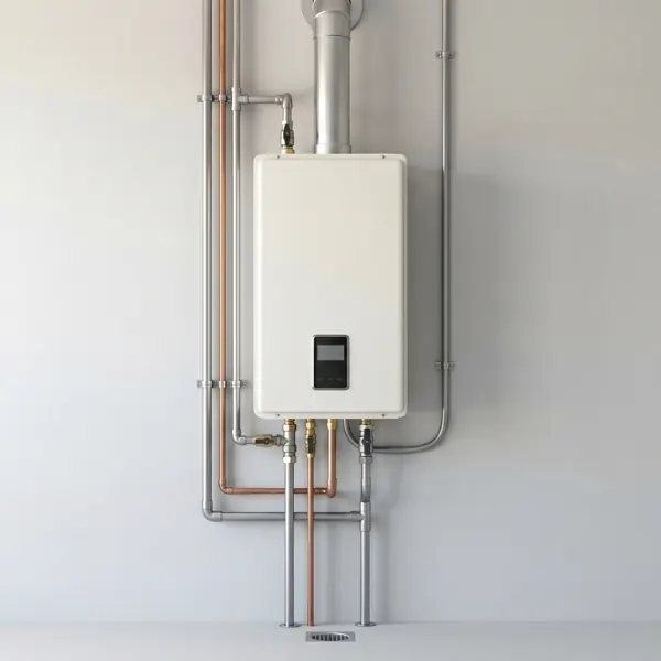 a tankless water heater mounted on a clean utility wall