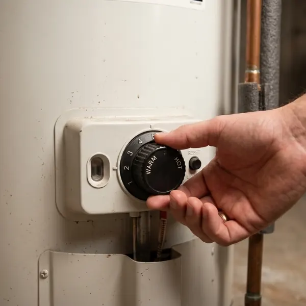 close-up image of a hand adjusting a temperature dial on a water heater