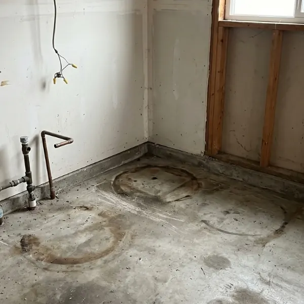 an empty garage corner where a bulky tank used to sit