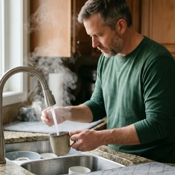 man using hot water from the kitchen faucet