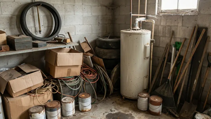 image of a storage water heater in a cluttered garage corner