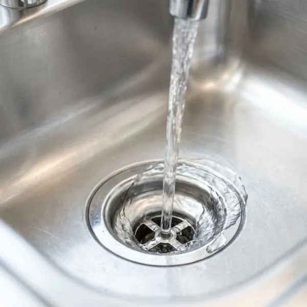 Water draining quickly down a clean stainless steel kitchen sink.
