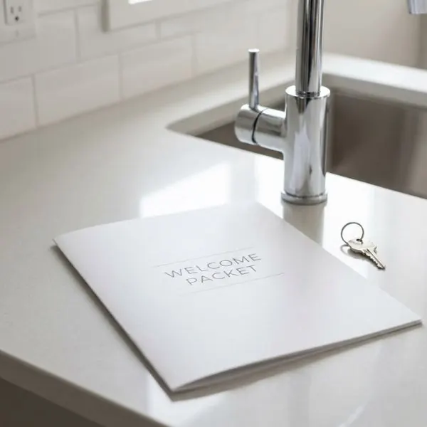 Tenant welcome packet on a kitchen counter near a clean faucet.