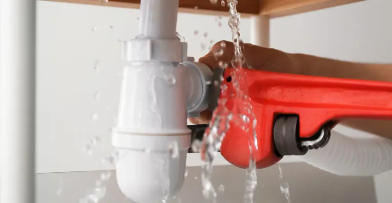 A leaking pipe being tightened