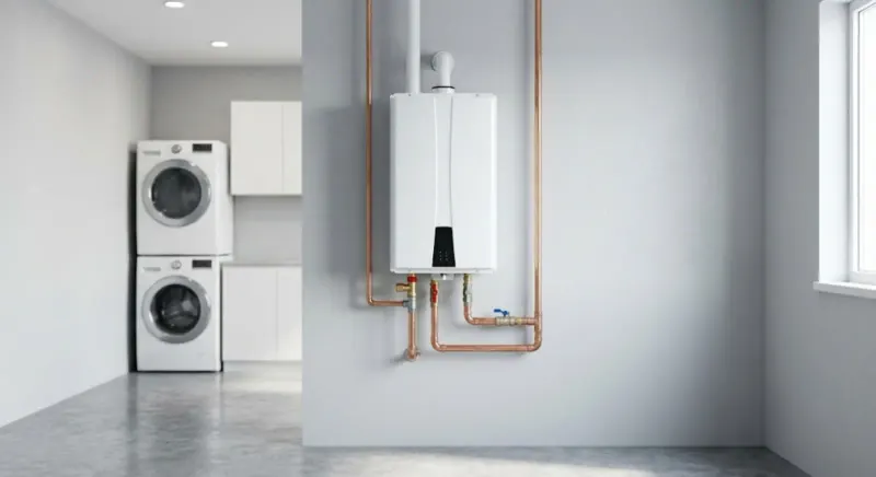 Newly installed modern tankless water heater in a clean utility room.