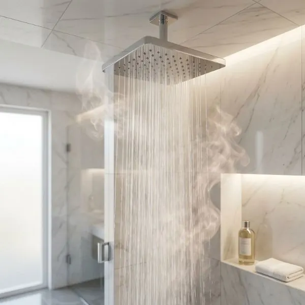 Modern luxury shower running steamy hot water in a clean bathroom.