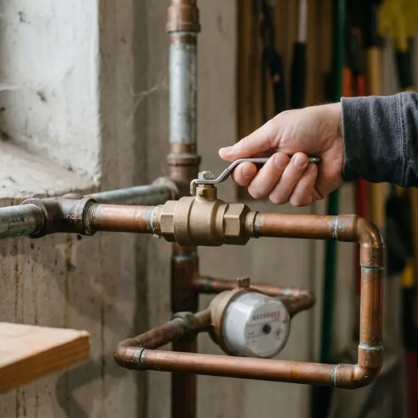 a hand turning a metal water shut-off valve on water pipes