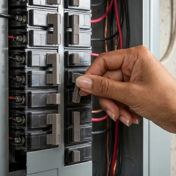 a hand flipping a switch inside a grey circuit breaker