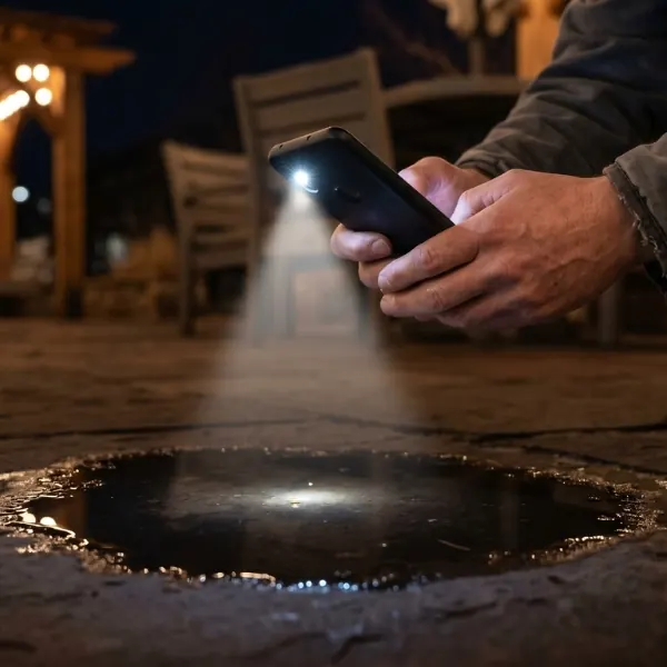 person using a smartphone flashlight to illuminate a puddle on the floor