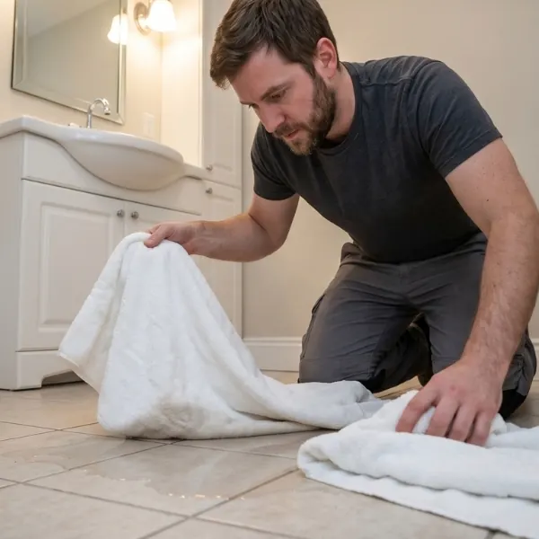 a man placing towels on a puddle of water on a bathroom floor