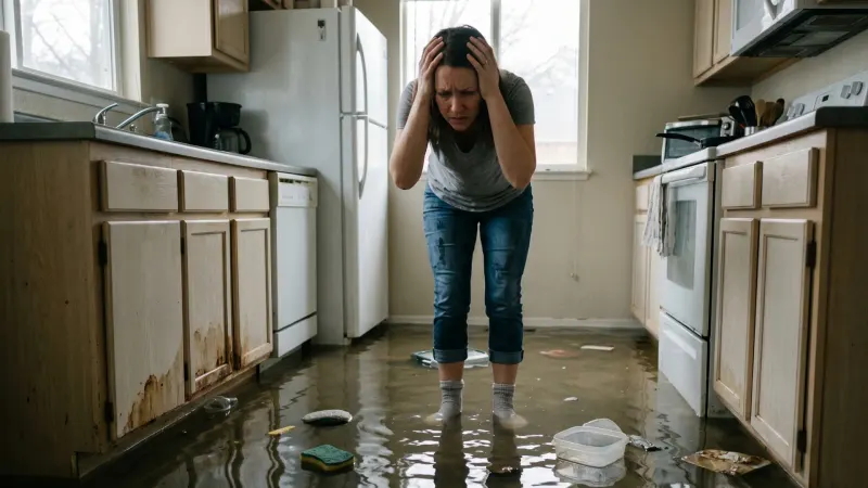a stressed homeowner standing in toe-deep water inside a flooded kitchen