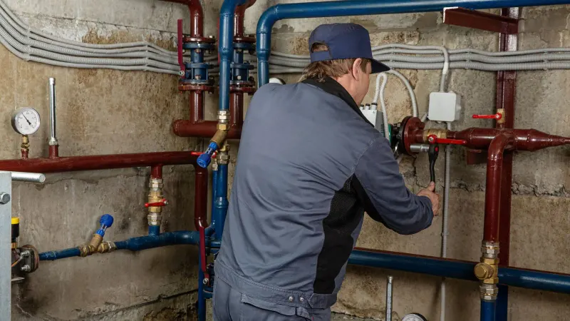 plumber working on pipes in basement