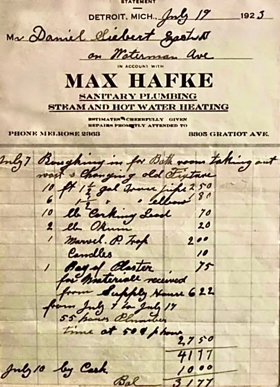 A July 1923 Max Hafke Sanitary Plumbing statement from Detroit, itemizing bathroom rough-in materials and 55 hours of plumber time