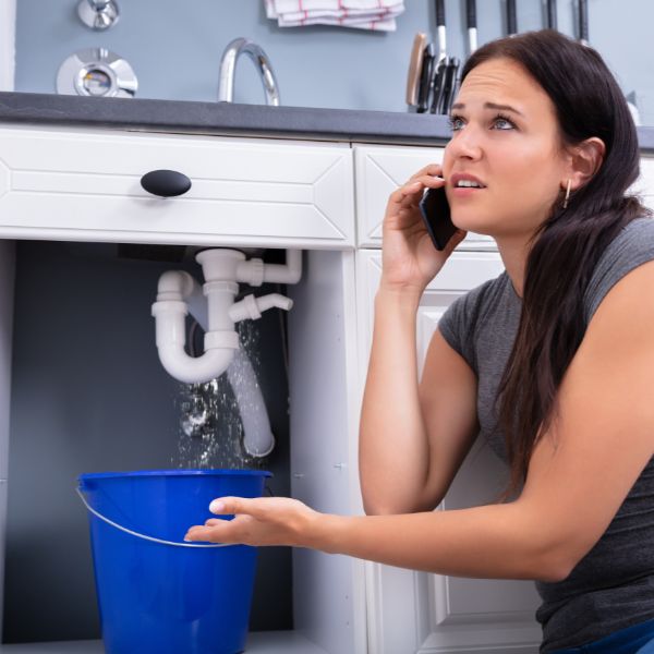 woman calling a plumber because she has a leak