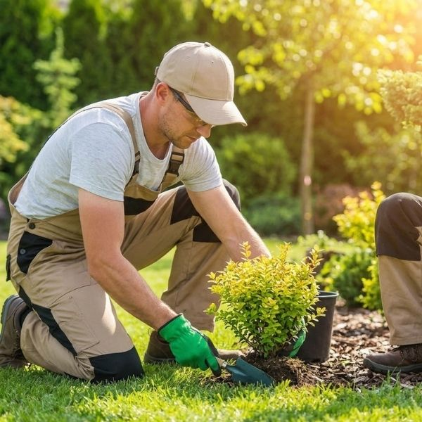 A man planting plants in a front yard.
