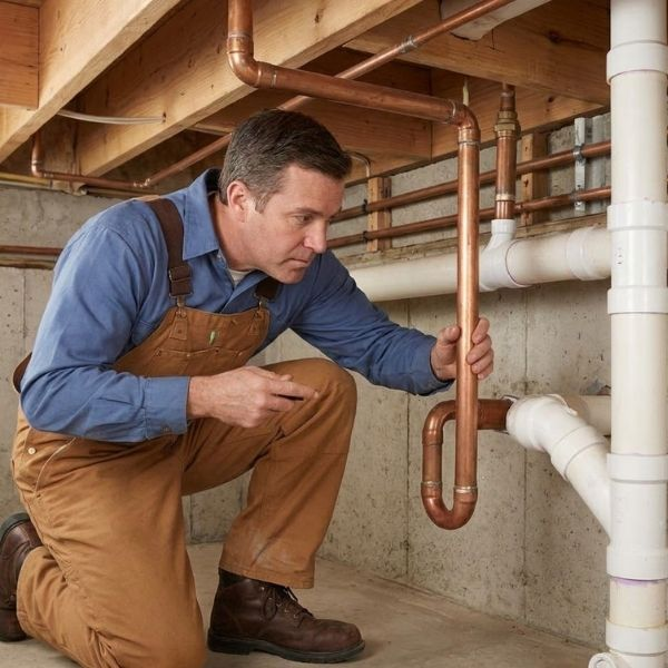 A plumber inspecting copper pipes.