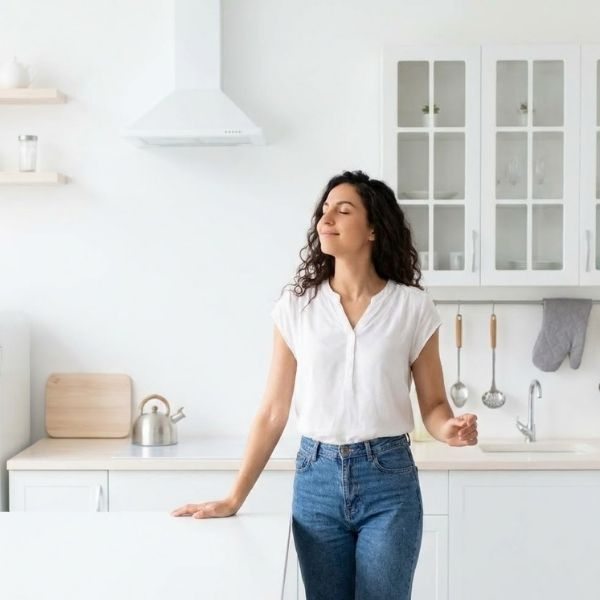 A woman in a nice kitchen.