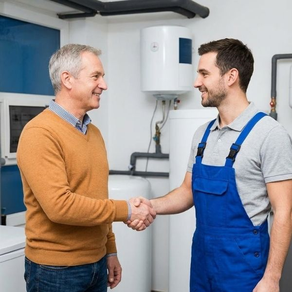 A plumber and homeowner shaking hands.