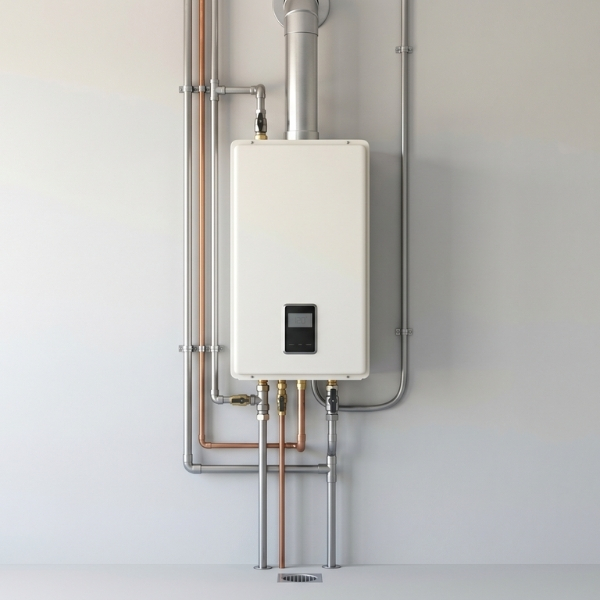 a tankless water heater mounted on a clean utility wall