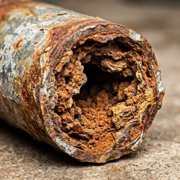 a rusty looking cross-section of an old galvanized water pipe