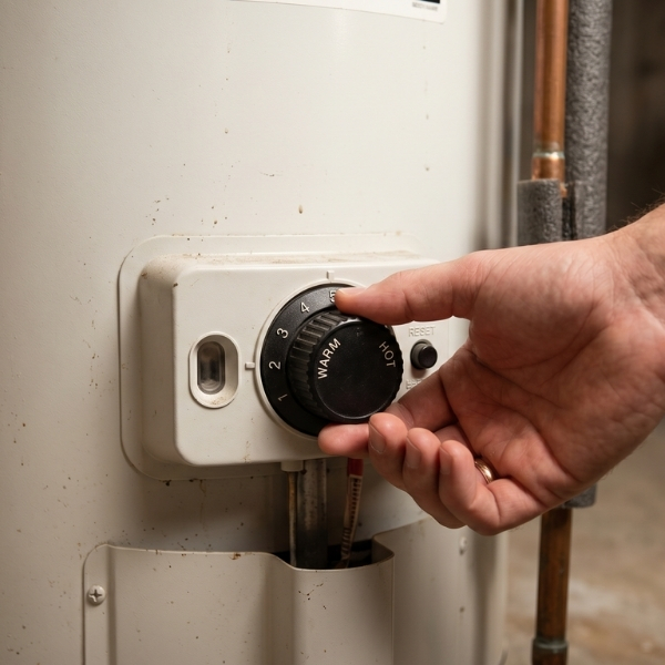 close-up image of a hand adjusting a temperature dial on a water heater