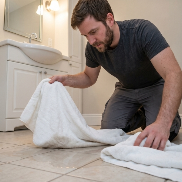 a man placing towels on a puddle of water on a bathroom floor