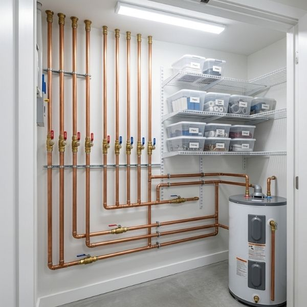 Clean and well-maintained residential pipes in a brightly lit utility space.