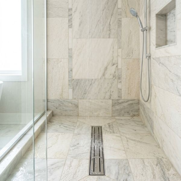 Beautifully tiled walk-in shower floor featuring a spotless modern drain.