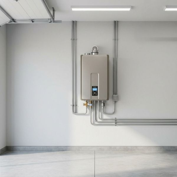 Neatly installed modern tankless water heater mounted on a clean wall.