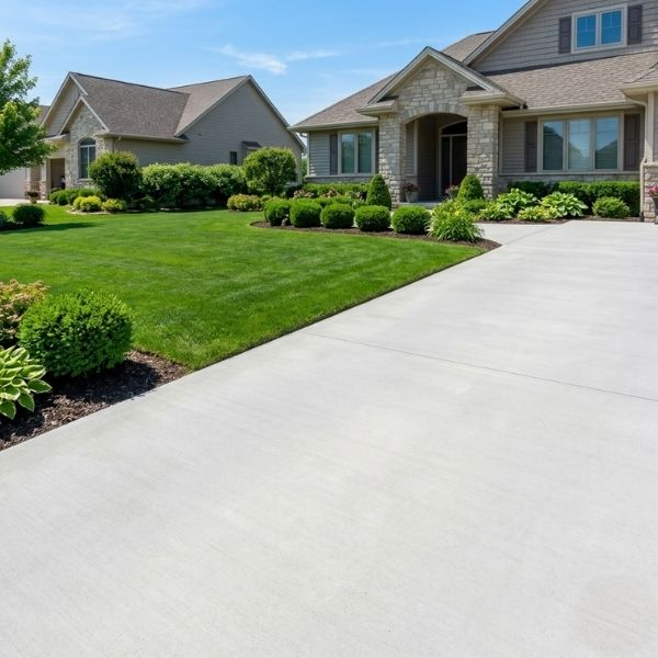 Freshly paved residential driveway and neatly manicured lawn without any cracks or visible water damage.