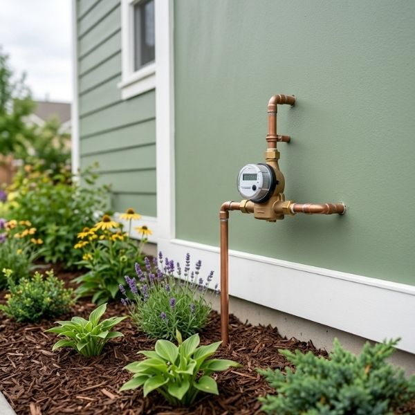 Modern water meter cleanly installed next to a freshly painted house with tidy mulch and garden plants.