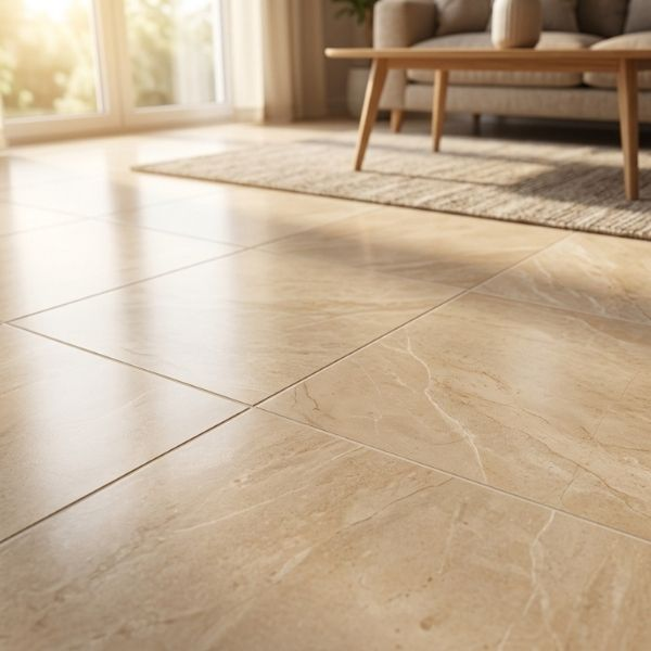 Beautifully tiled indoor living room floor in natural sunlight representing a solid and secure home foundation.