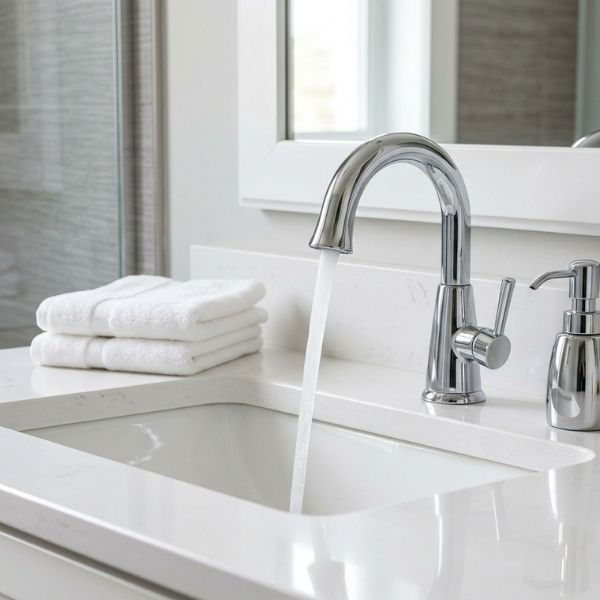 Clean, recently upgraded residential bathroom with gleaming chrome fixtures and a perfectly functioning sink faucet.